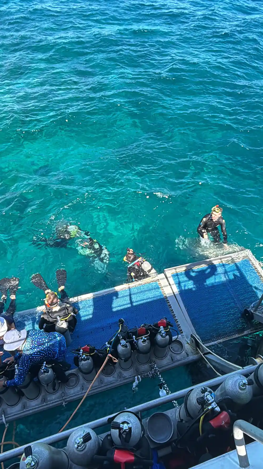 Divers on the platform with more already in the water